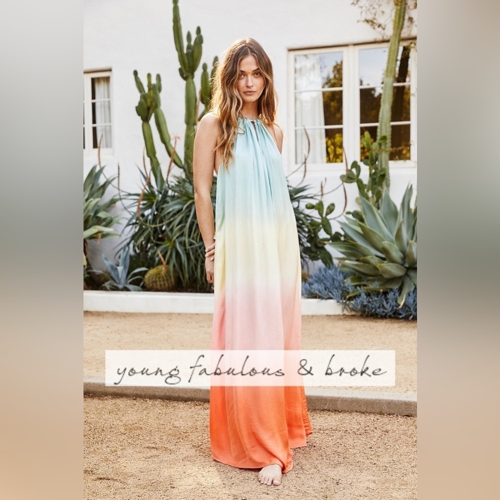 YFB Stevie Ombre Halter Maxi Dress XS | Sunset Rainbow Gradient